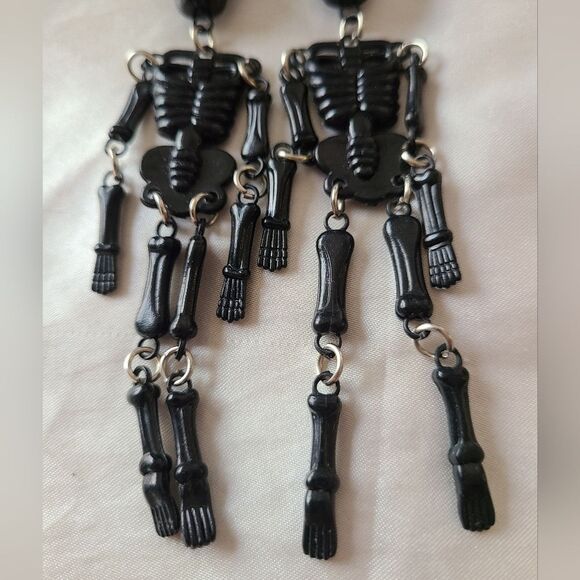 Spooky Statement Black with Green Eyes Dangling 4" Skeleton Earrings - Picture 4 of 6